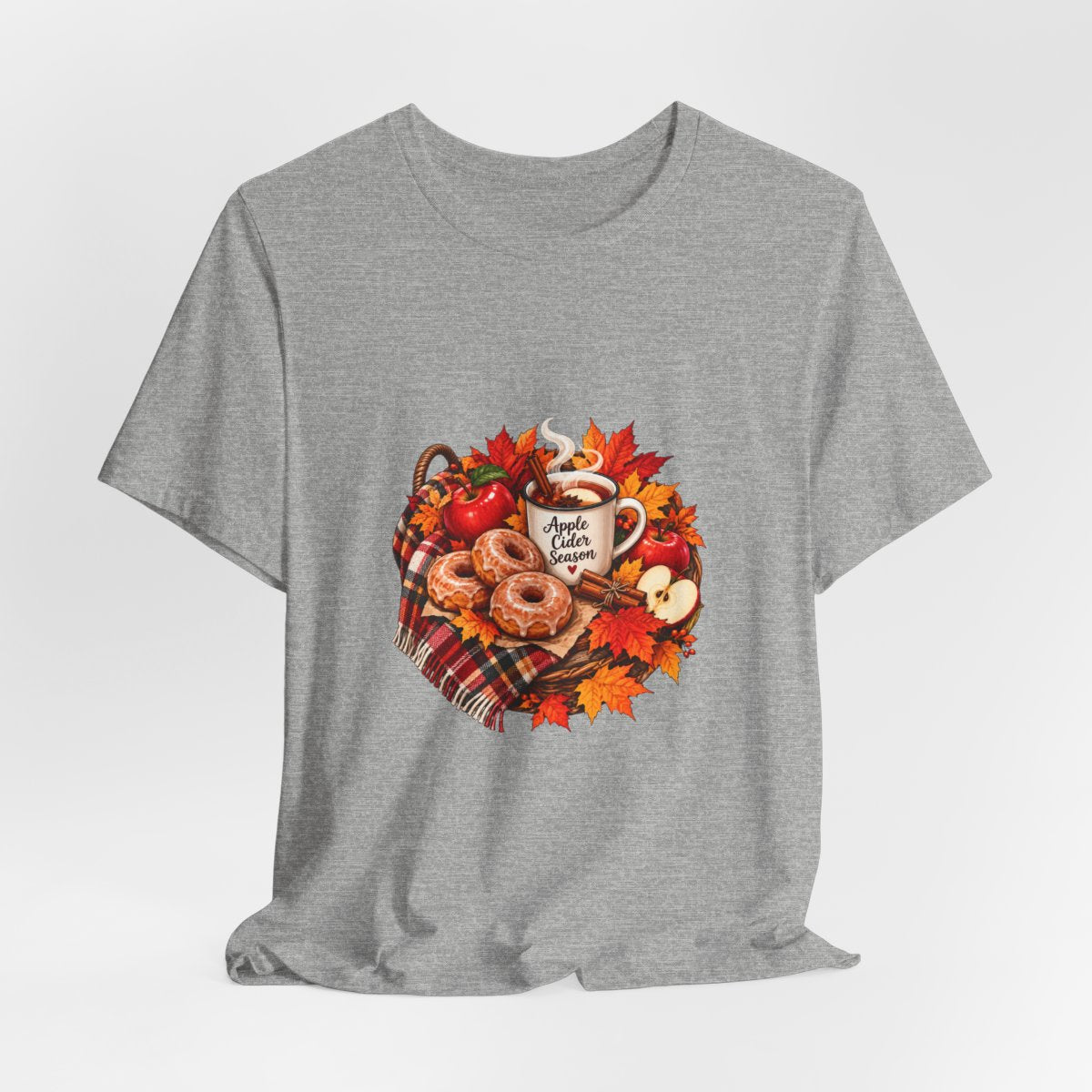 Autumn Apple Cider T-Shirt | Fall Leaves, Donuts, Cozy Plaid - Athletic Heather
