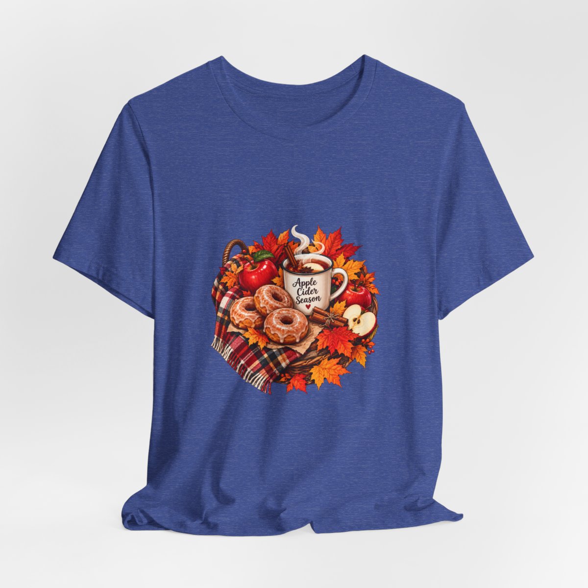 Autumn Apple Cider T-Shirt | Fall Leaves, Donuts, Cozy Plaid - Heather True Royal