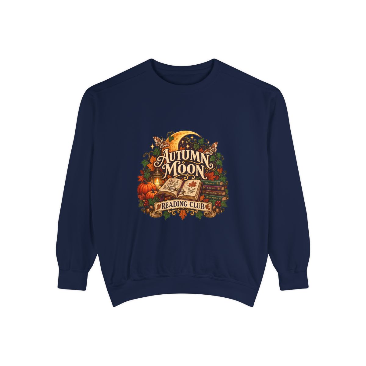 Autumn Moon Reading Club Sweatshirt | Pumpkin Leaves Vintage - True Navy