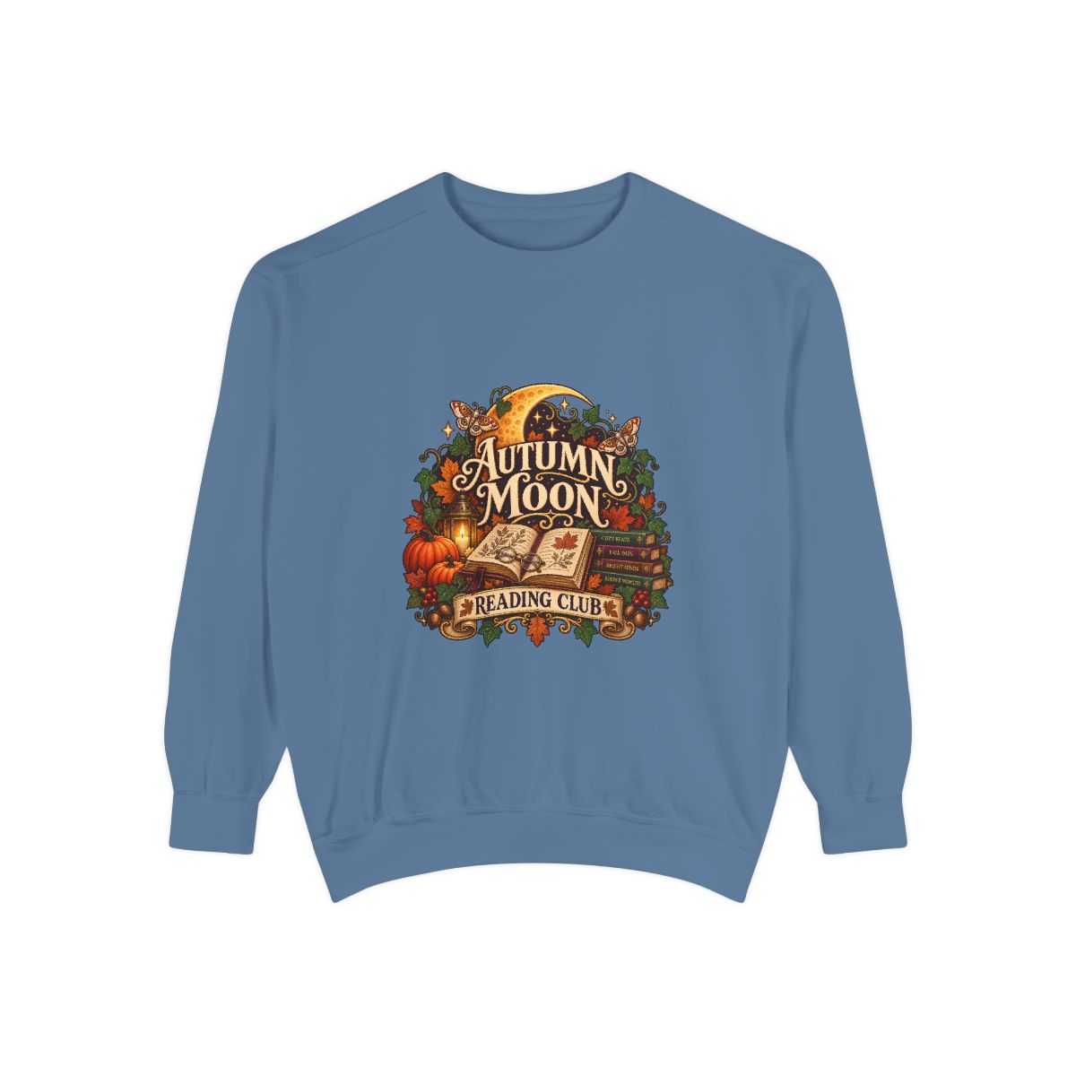 Autumn Moon Reading Club Sweatshirt | Pumpkin Leaves Vintage - Blue Jean