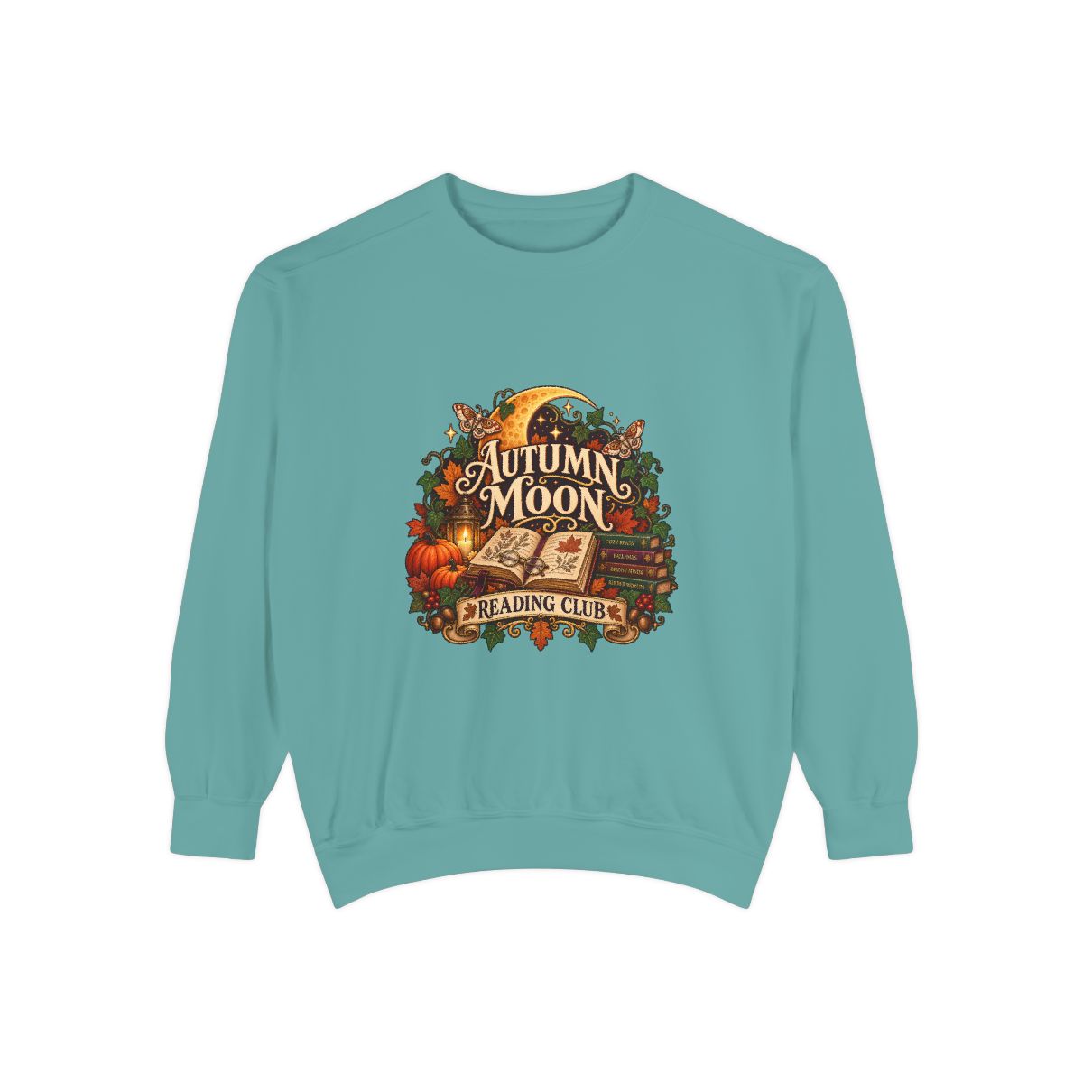 Autumn Moon Reading Club Sweatshirt | Pumpkin Leaves Vintage - Seafoam