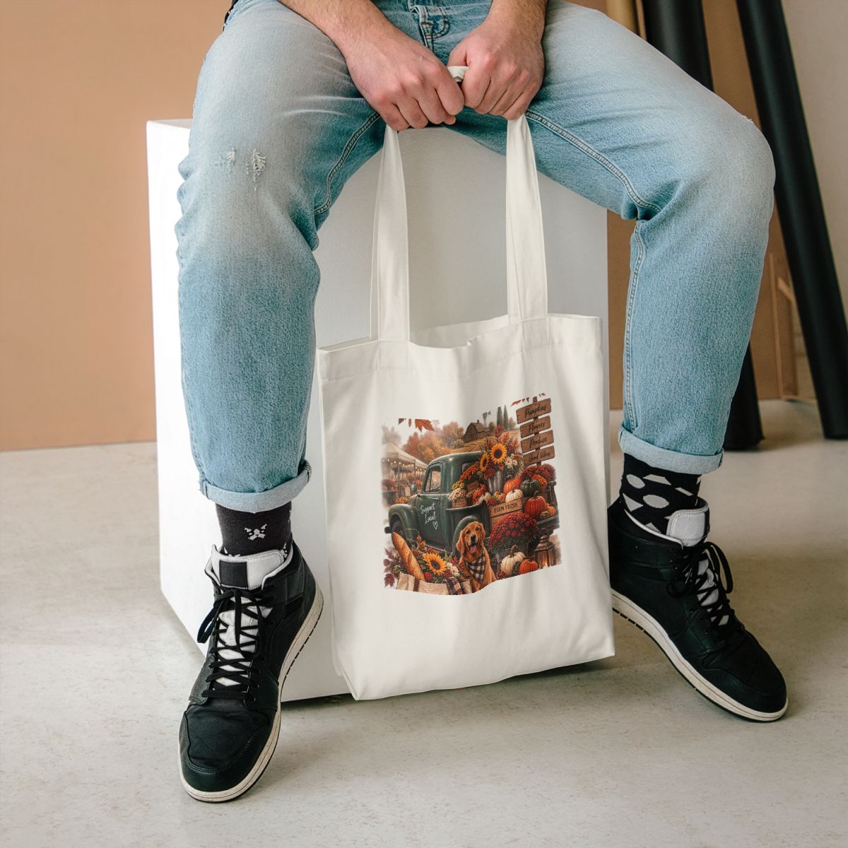 Autumn Pumpkins and Leaves Tote Bag | Fall Leaf Pattern Cotton Tote