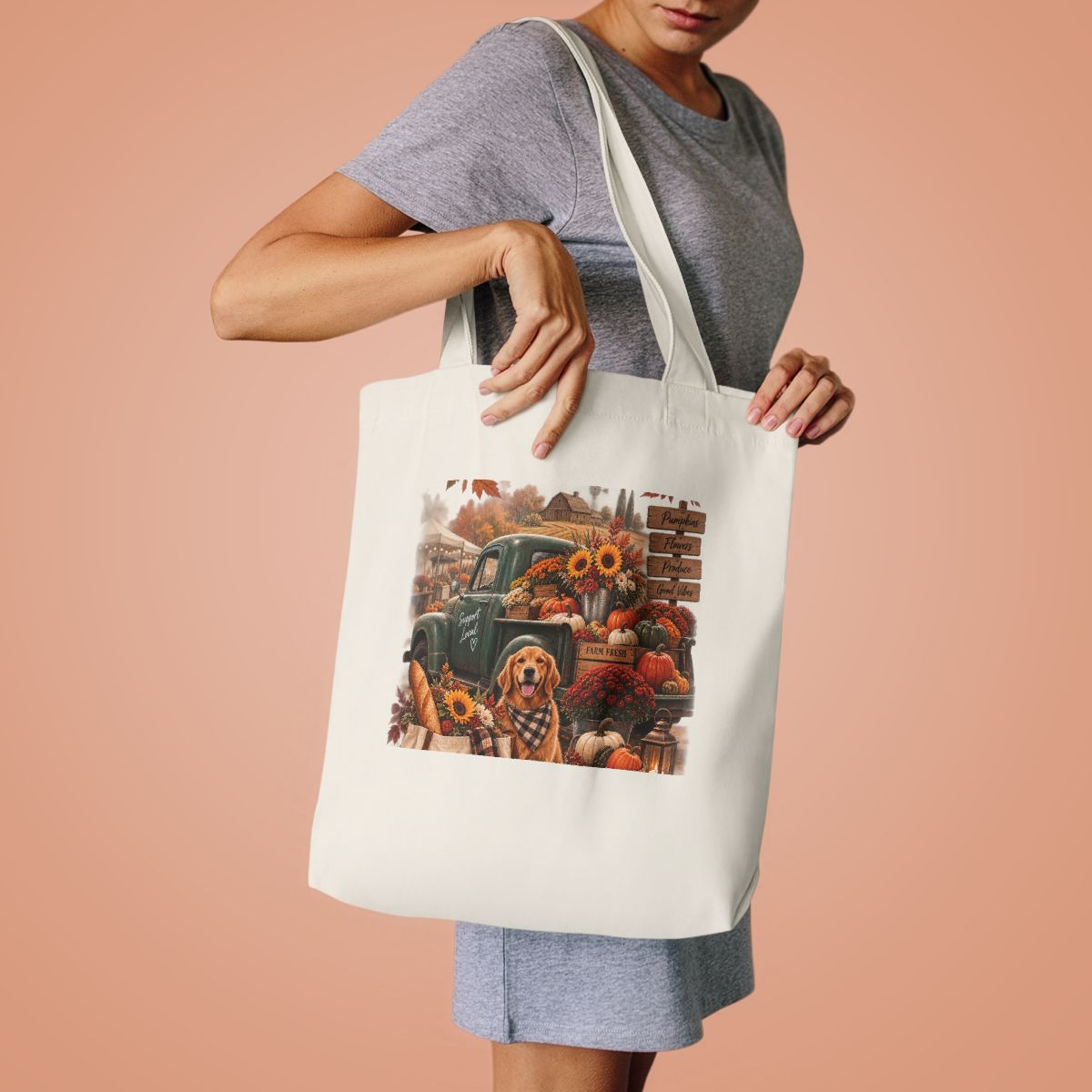 Autumn Pumpkins and Leaves Tote Bag | Fall Leaf Pattern Cotton Tote