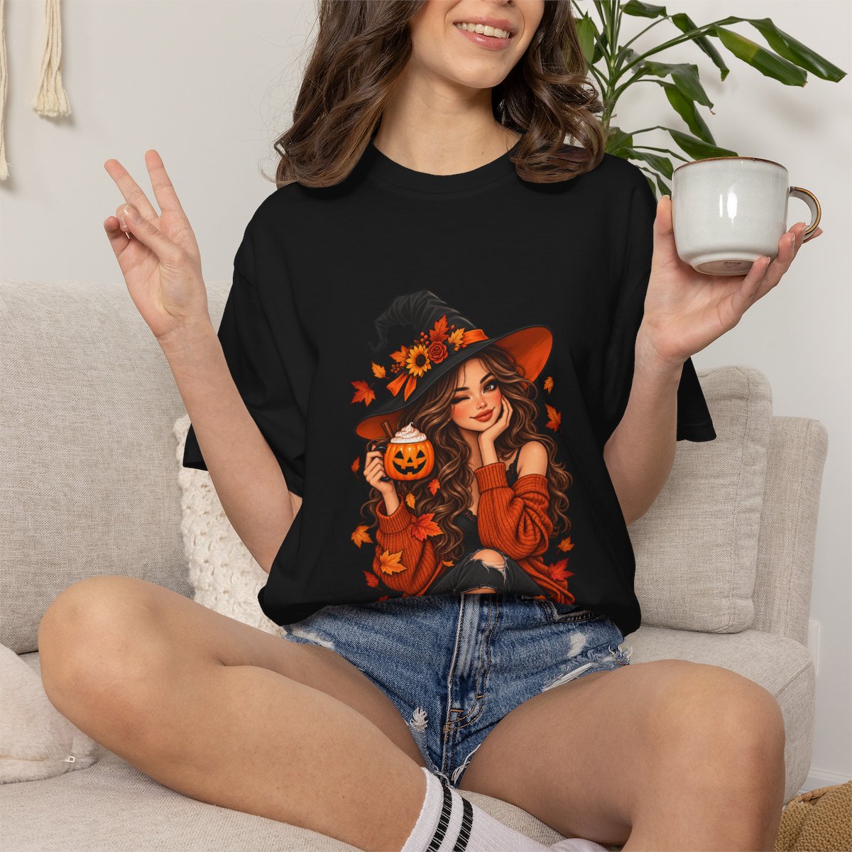 Autumn Witch with Pumpkin T-shirt | Halloween Fall Leaves
