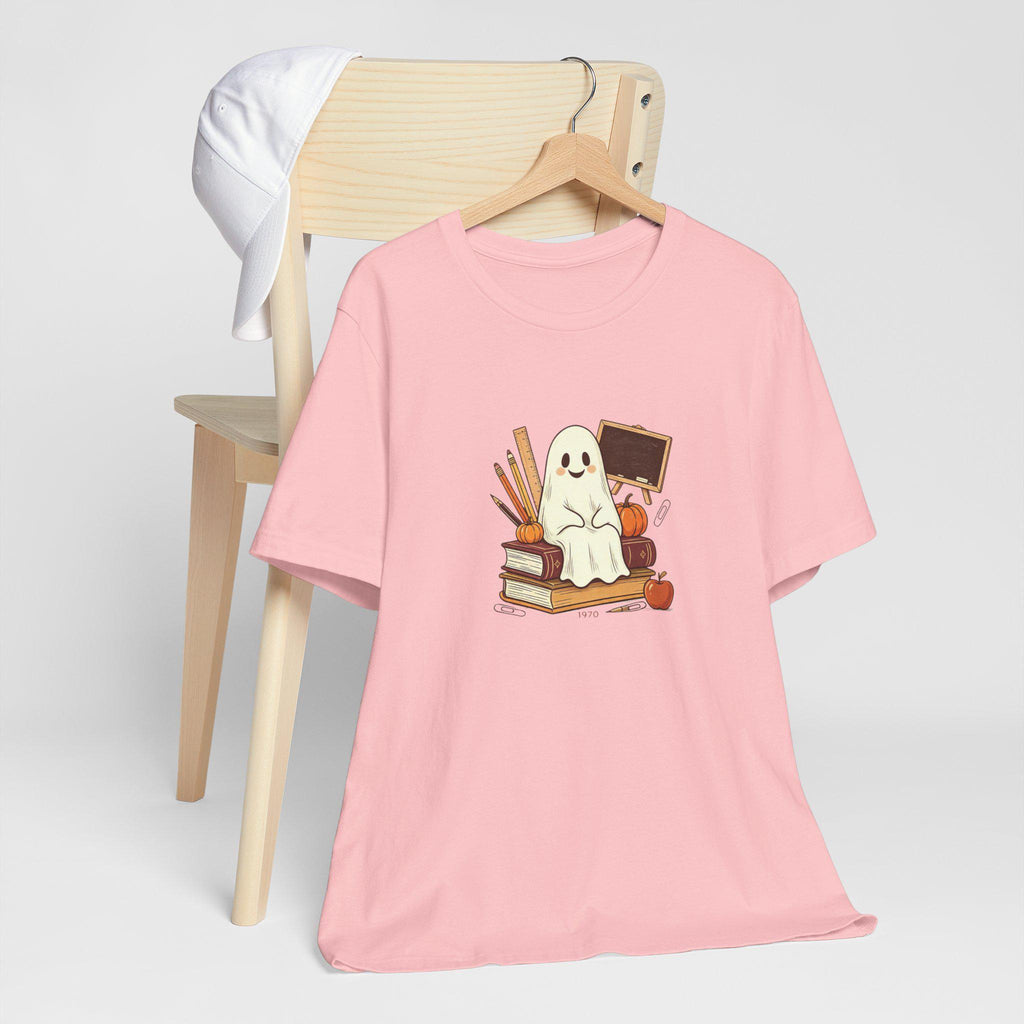 Cute Ghost on Books Tee | Back-to-School Halloween Teacher Shirt