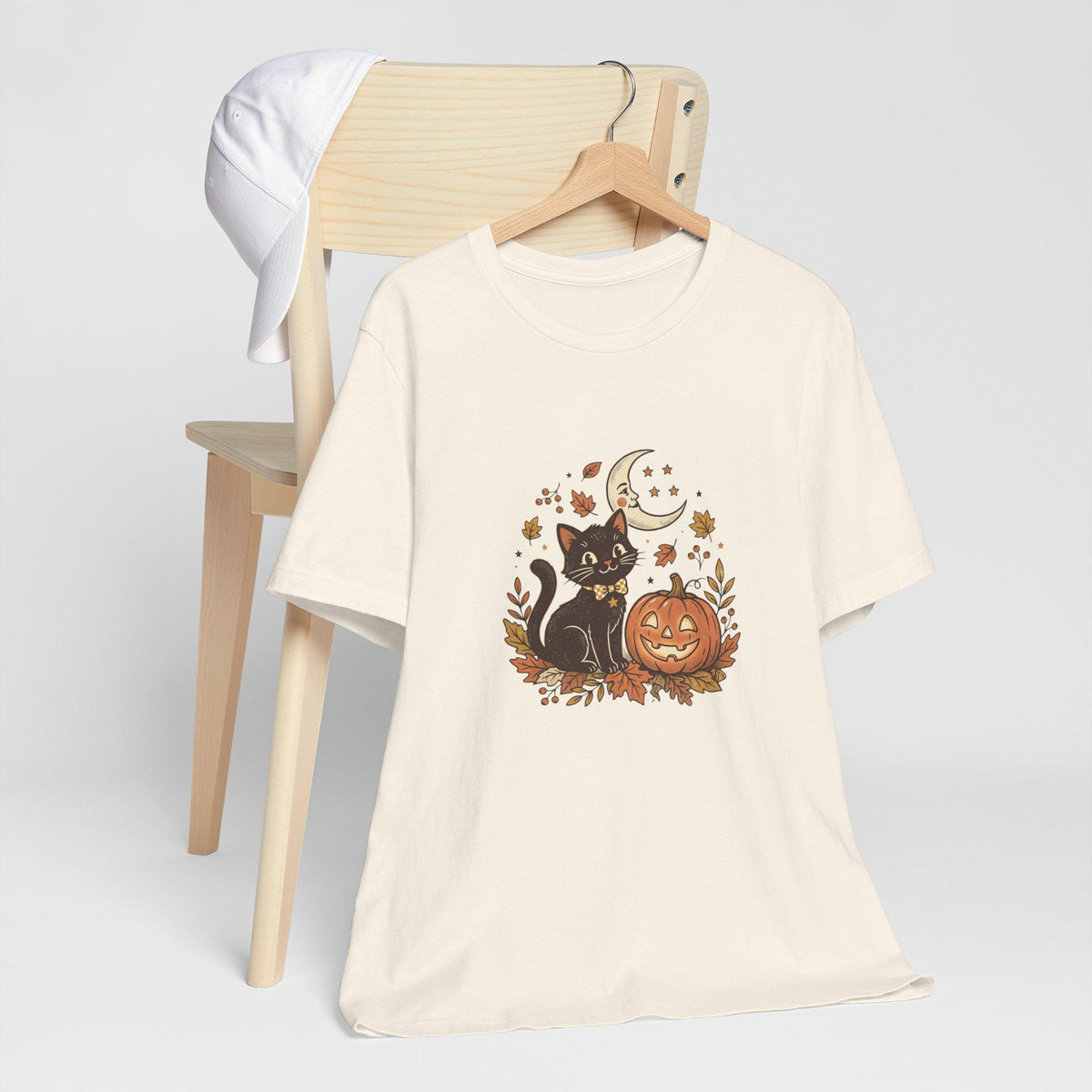 Black Cat with Jack-o'-Lantern T-Shirt | Halloween Pumpkin Moon Design