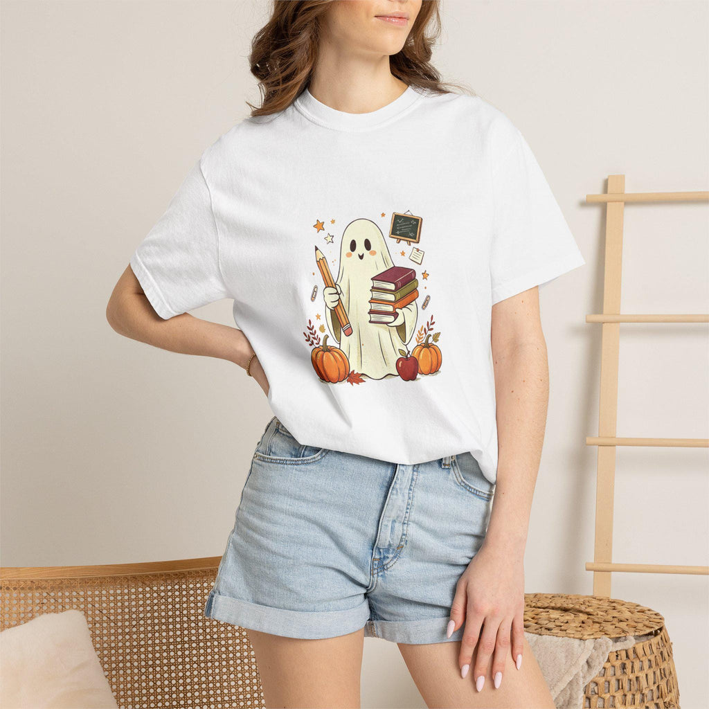 Cute Ghost with Books and Pumpkins T-shirt | Halloween Reading Shirt