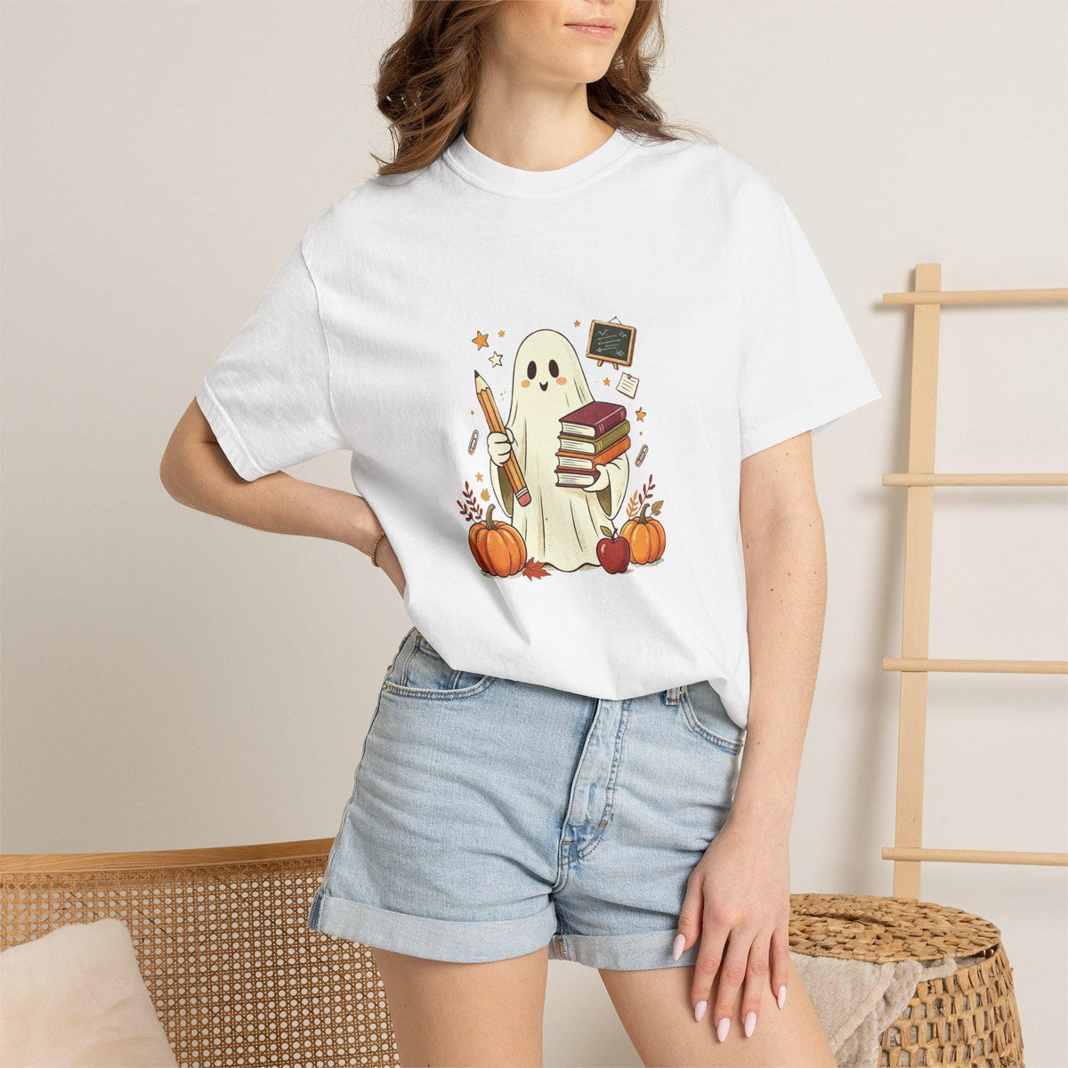 Cute Ghost with Books and Pumpkins T-shirt | Halloween Reading Shirt