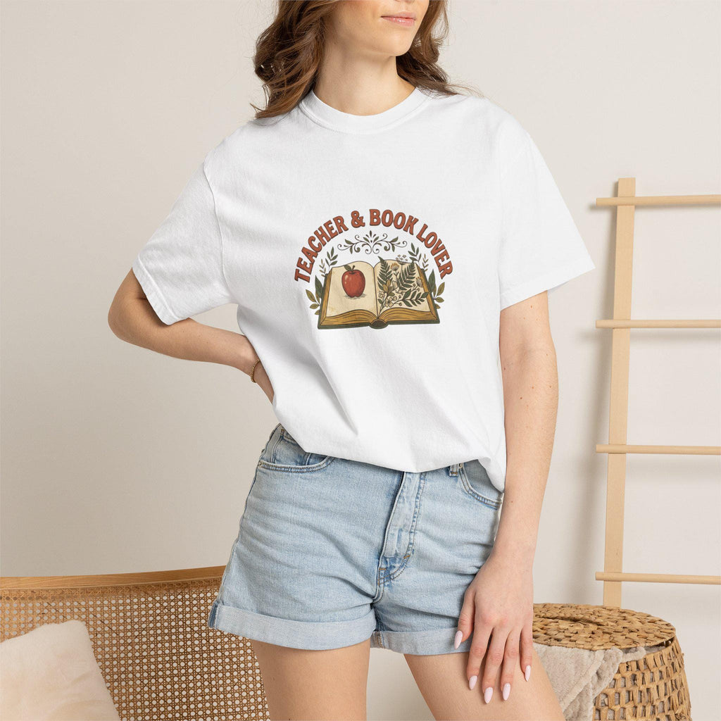 Teacher & Book Lover T-Shirt | Open Book Illustration, Apple and Plants