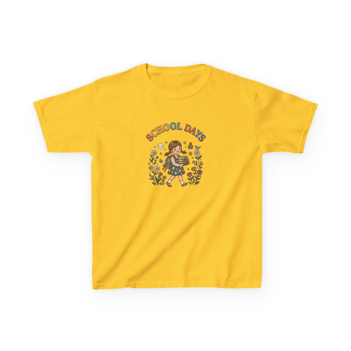 School Day kids t-shirt | retro girl illustration, floral accents
