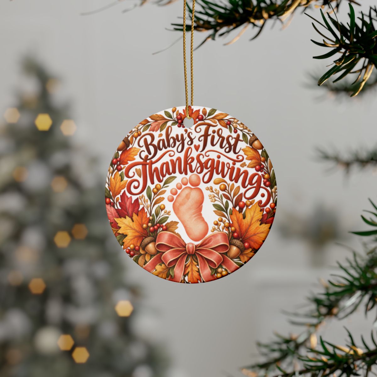Baby's First Thanksgiving Ceramic Ornament | Baby Footprint, Autumn Leaves