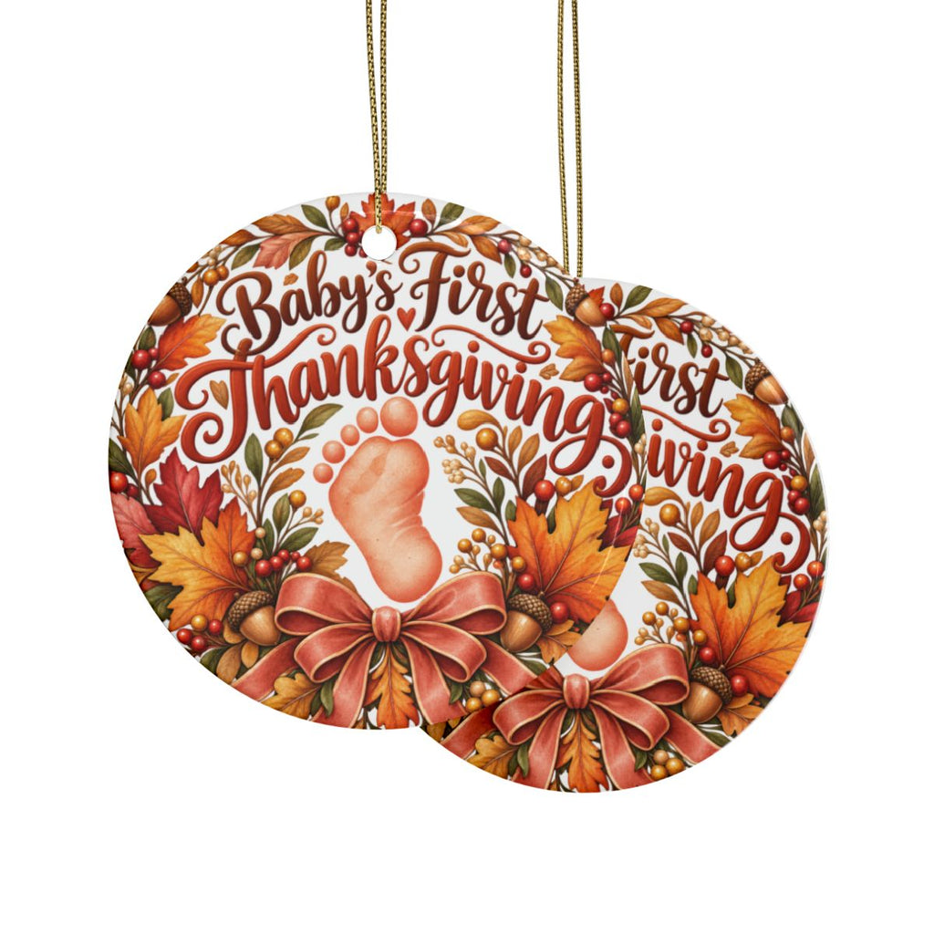Baby's First Thanksgiving Ceramic Ornament | Baby Footprint, Autumn Leaves