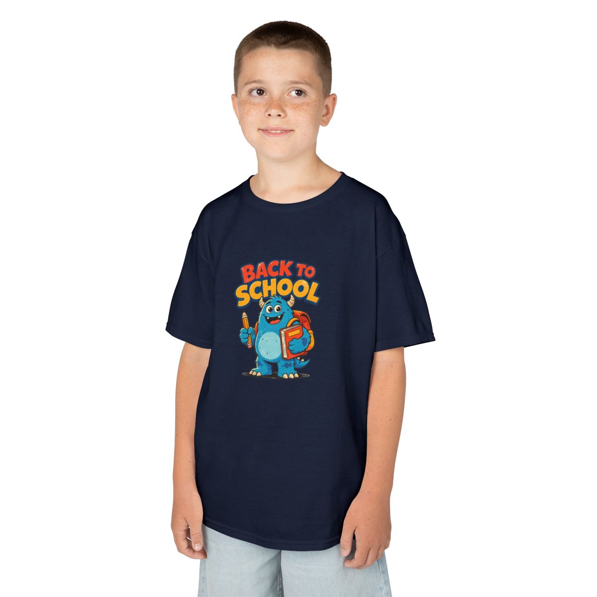 Back to School Monster Kids Tee | Cute Blue Backpack Cartoon - Navy