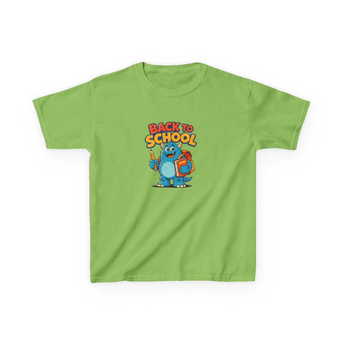Back to School Monster Kids Tee | Cute Blue Backpack Cartoon - Lime