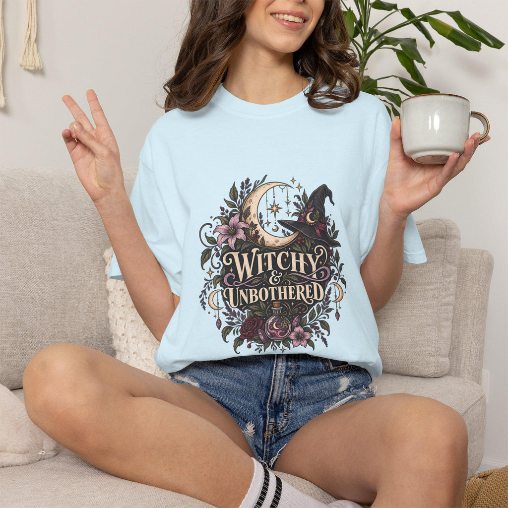 Witchy & Unbothered T-shirt | Crescent Moon, Cat, Floral Boho