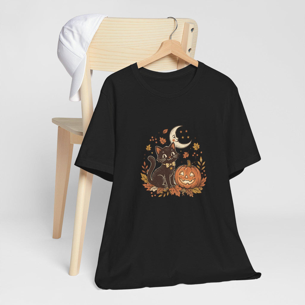 Black Cat with Jack-o'-Lantern T-Shirt | Halloween Pumpkin Moon Design