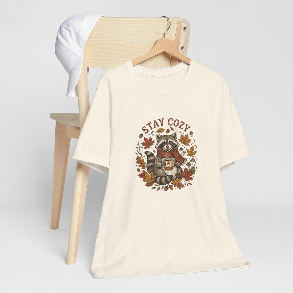 Stay Cozy Raccoon with Coffee Tee | Autumn Leaves Fall Shirt