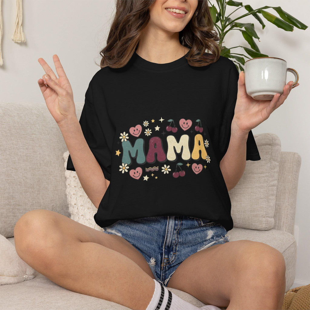 Mama floral lettering T-shirt | Retro hearts cherries doodle design