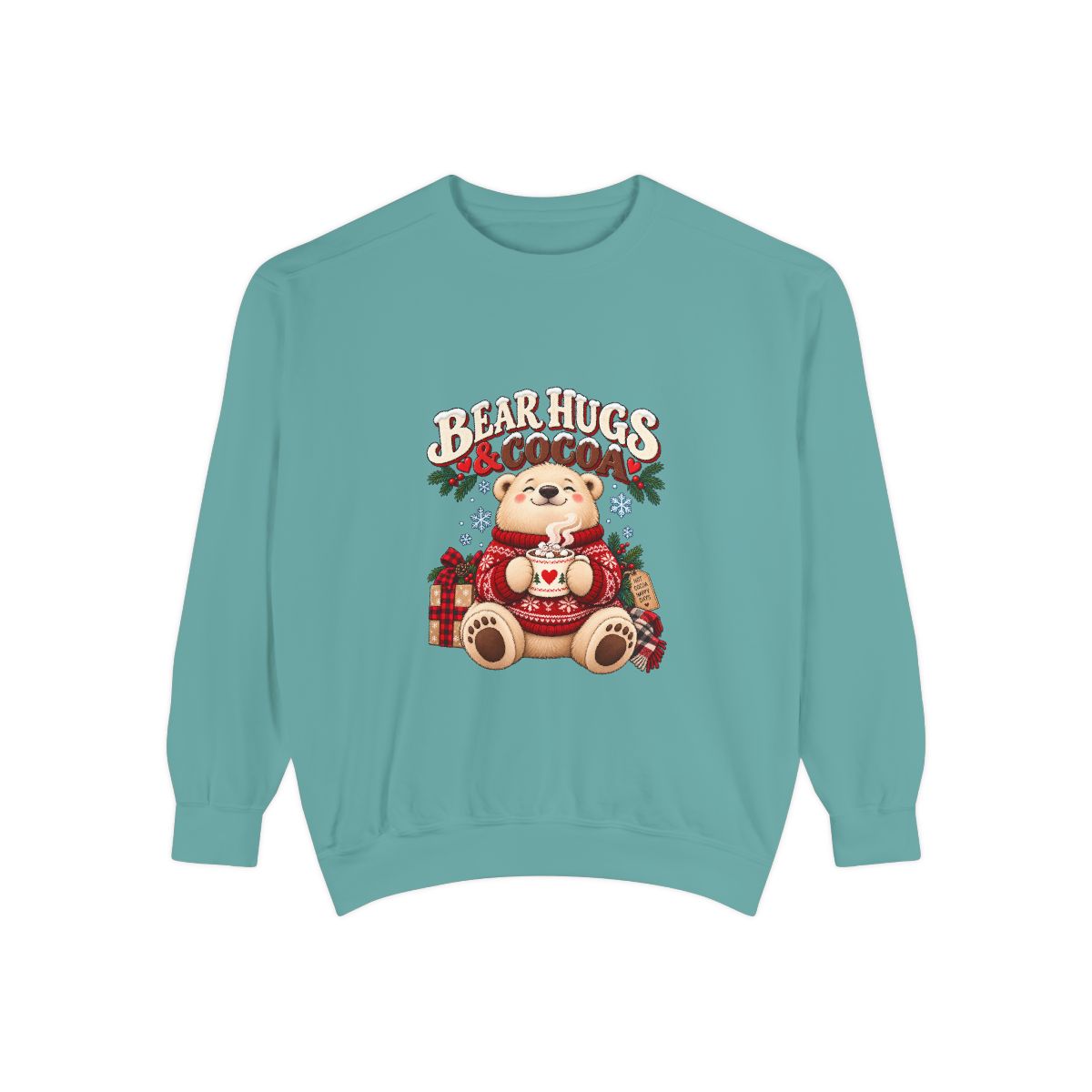 Bear Hugs & Cocoa Sweatshirt | Cozy Teddy Bear Hot Chocolate - Seafoam