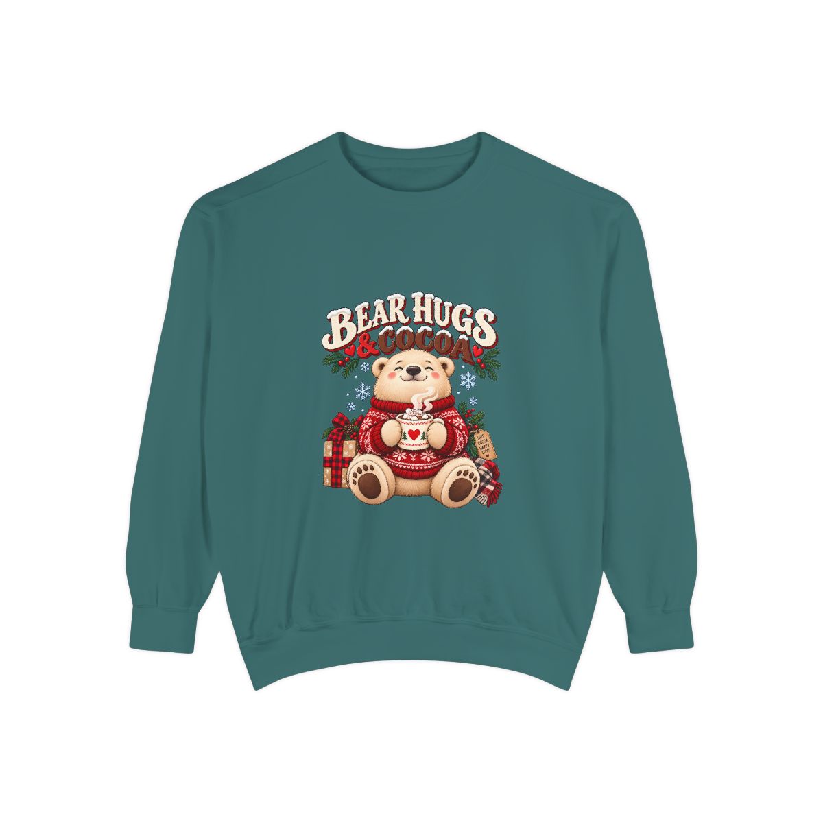 Bear Hugs & Cocoa Sweatshirt | Cozy Teddy Bear Hot Chocolate - Blue Spruce
