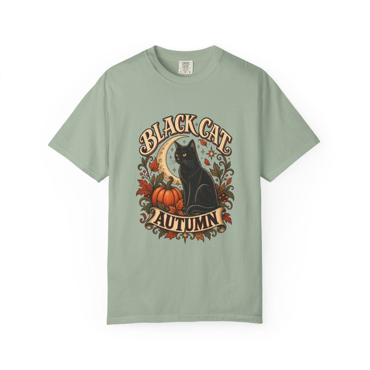 Black Cat Autumn T-shirt | Halloween Pumpkin Fall Vintage Gr - Bay
