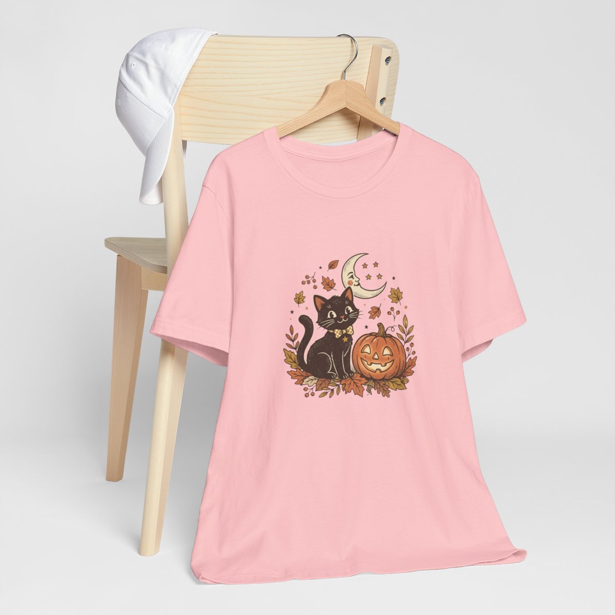 Black Cat with Jack-o'-Lantern T-Shirt | Halloween Pumpkin M - Pink