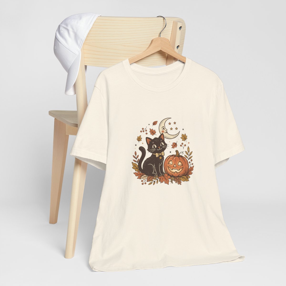 Black Cat with Jack-o'-Lantern T-Shirt | Halloween Pumpkin M - Natural
