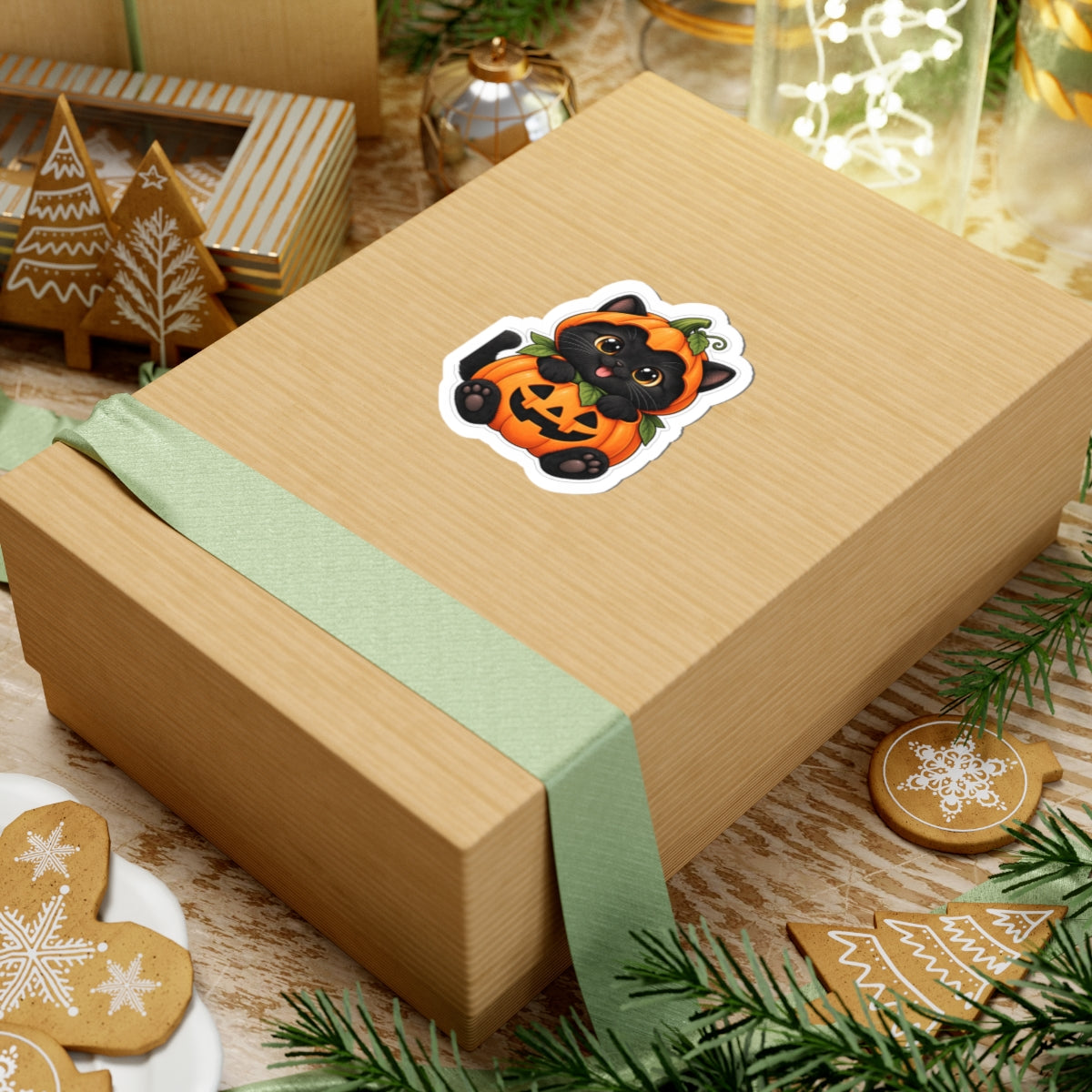 Black Kitten in Jack-O'-Lantern Sticker | Halloween Kiss-Cut Sticker