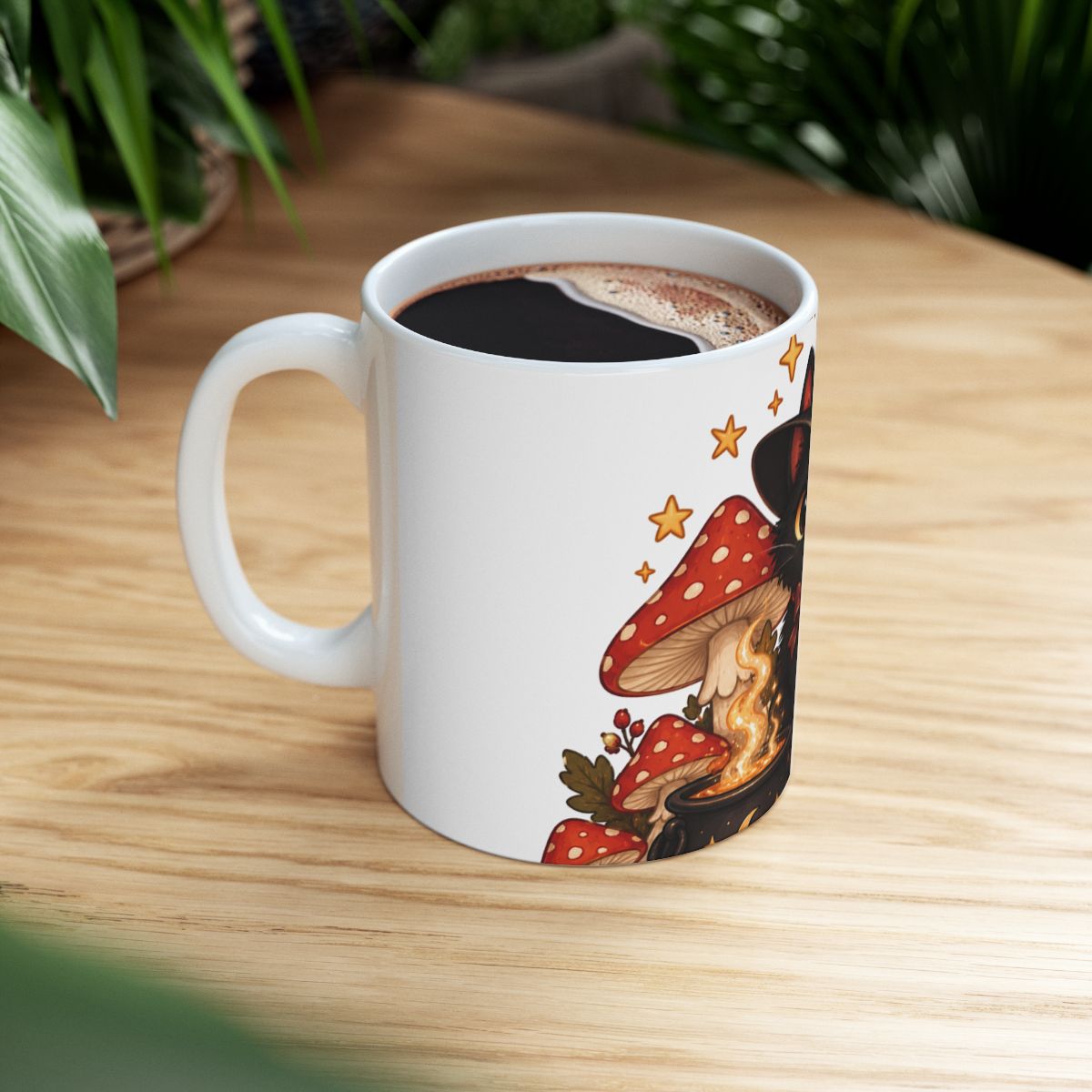 Black Witch Cat Mug | Halloween Cauldron, Mushrooms, Autumn Accents