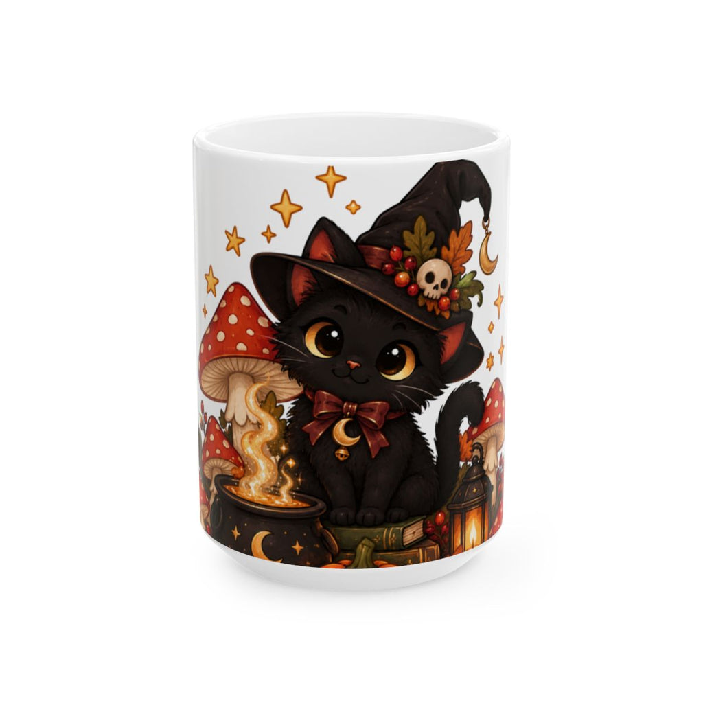 Black Witch Cat Mug | Halloween Cauldron, Mushrooms, Autumn Accents