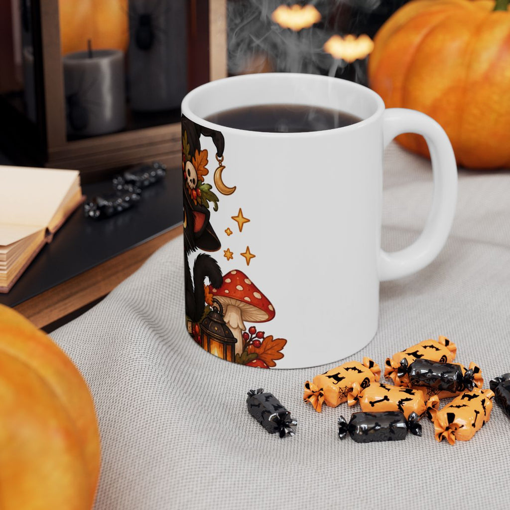 Black Witch Cat Mug | Halloween Cauldron, Mushrooms, Autumn Accents