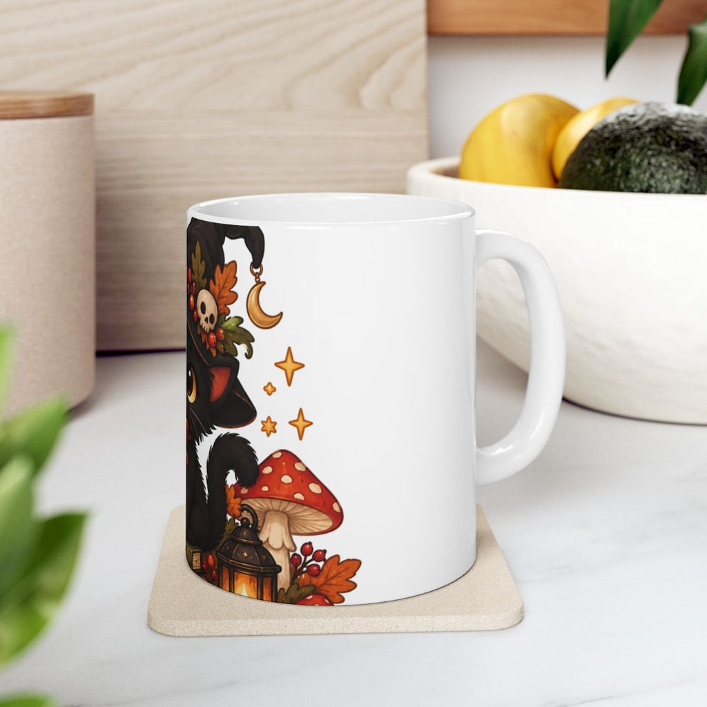 Black Witch Cat Mug | Halloween Cauldron, Mushrooms, Autumn Accents