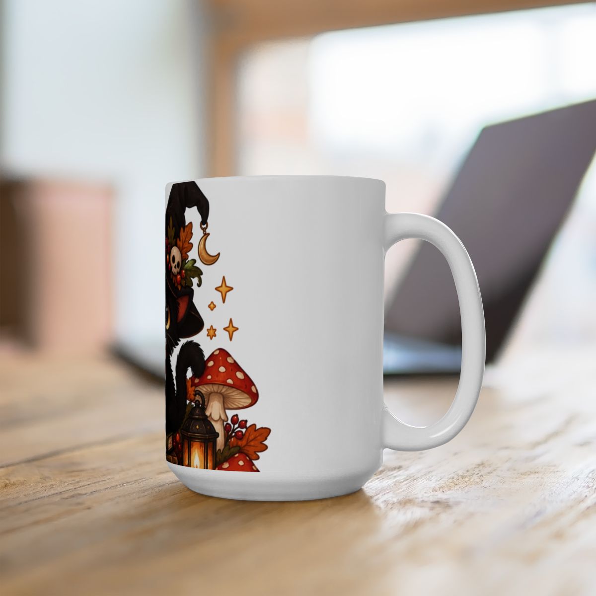 Black Witch Cat Mug | Halloween Cauldron, Mushrooms, Autumn Accents