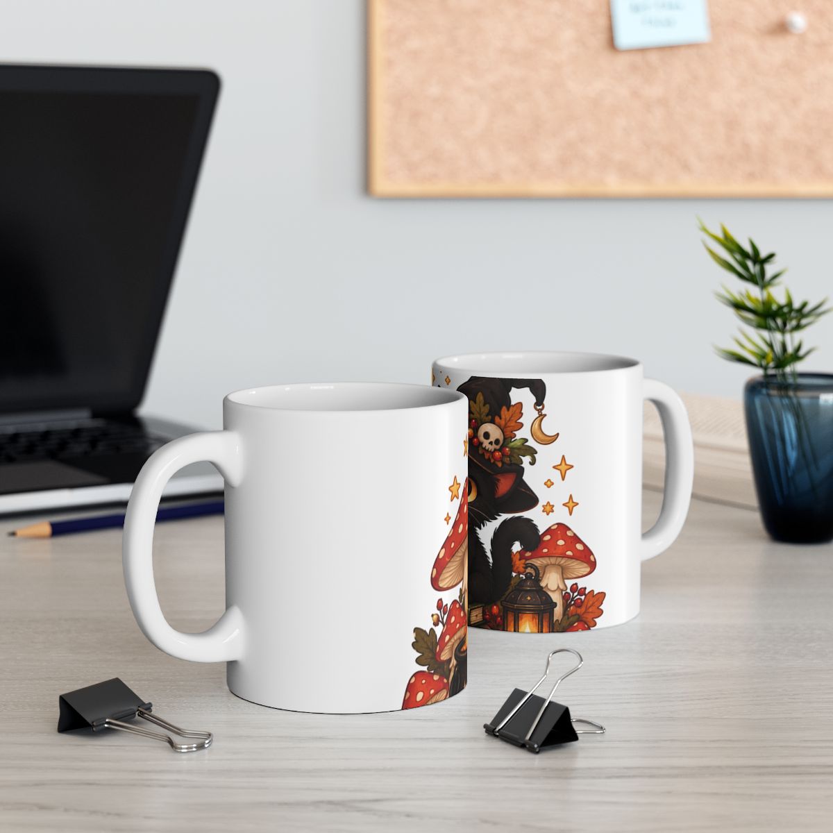 Black Witch Cat Mug | Halloween Cauldron, Mushrooms, Autumn Accents