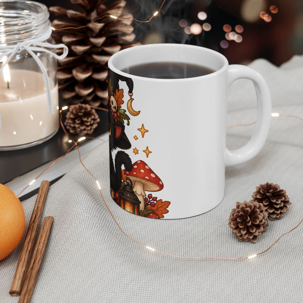 Black Witch Cat Mug | Halloween Cauldron, Mushrooms, Autumn Accents