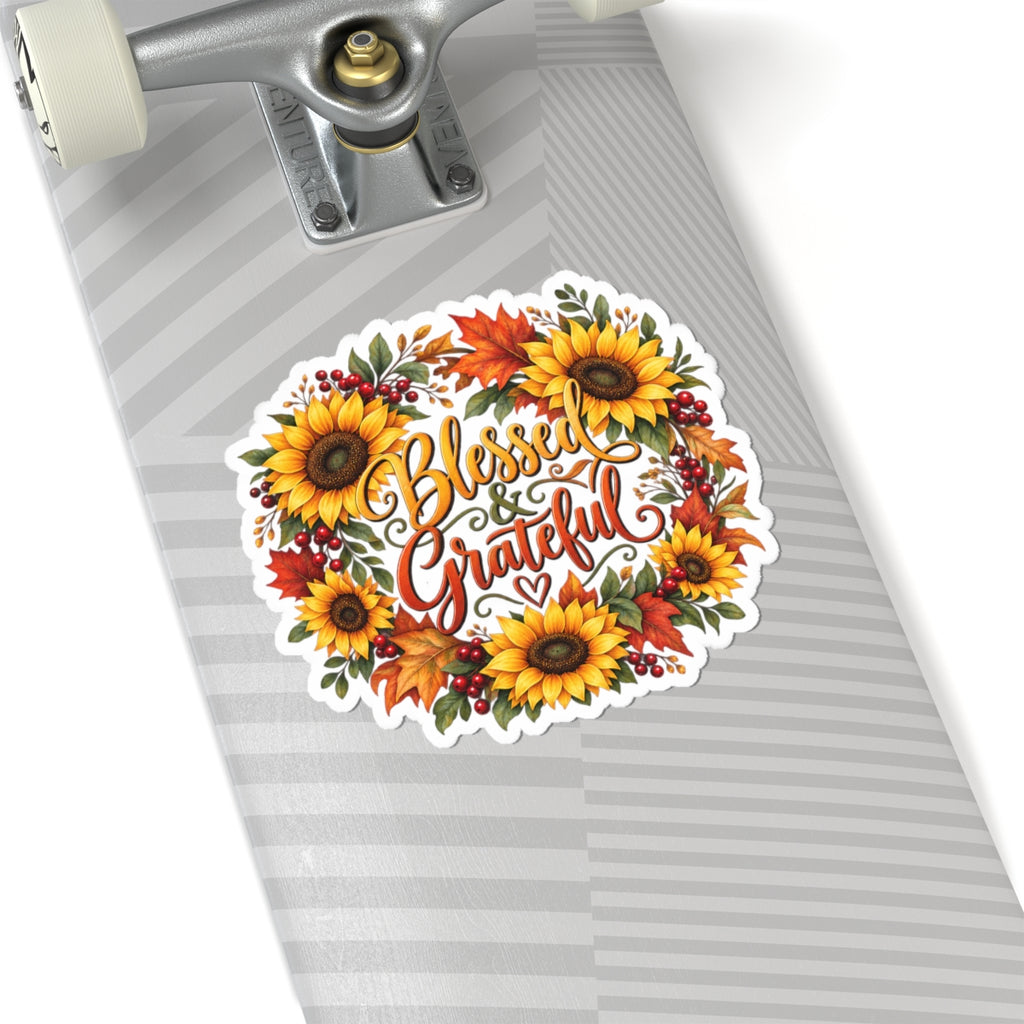 Blessed & Grateful Sunflower Wreath Sticker | Fall Autumn Leaves Kiss-Cut