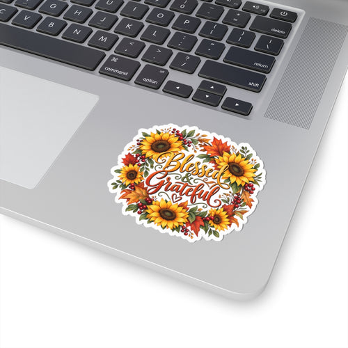 Blessed & Grateful Sunflower Wreath Sticker | Fall Autumn Leaves Kiss-Cut