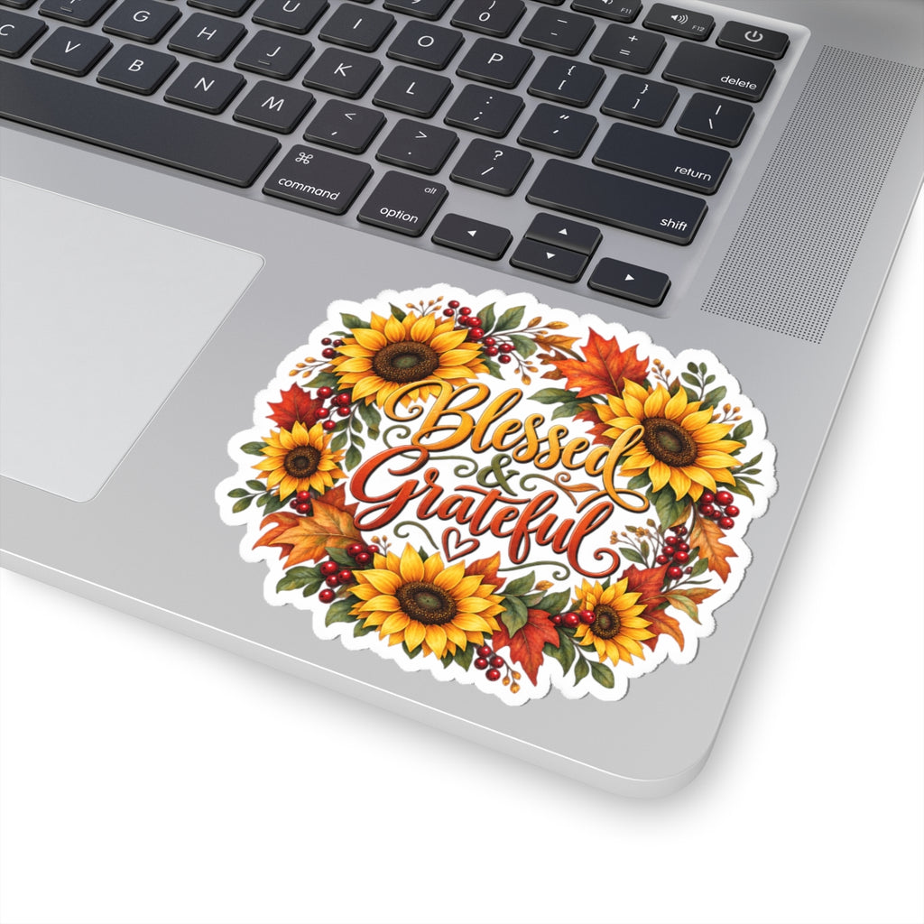 Blessed & Grateful Sunflower Wreath Sticker | Fall Autumn Leaves Kiss-Cut