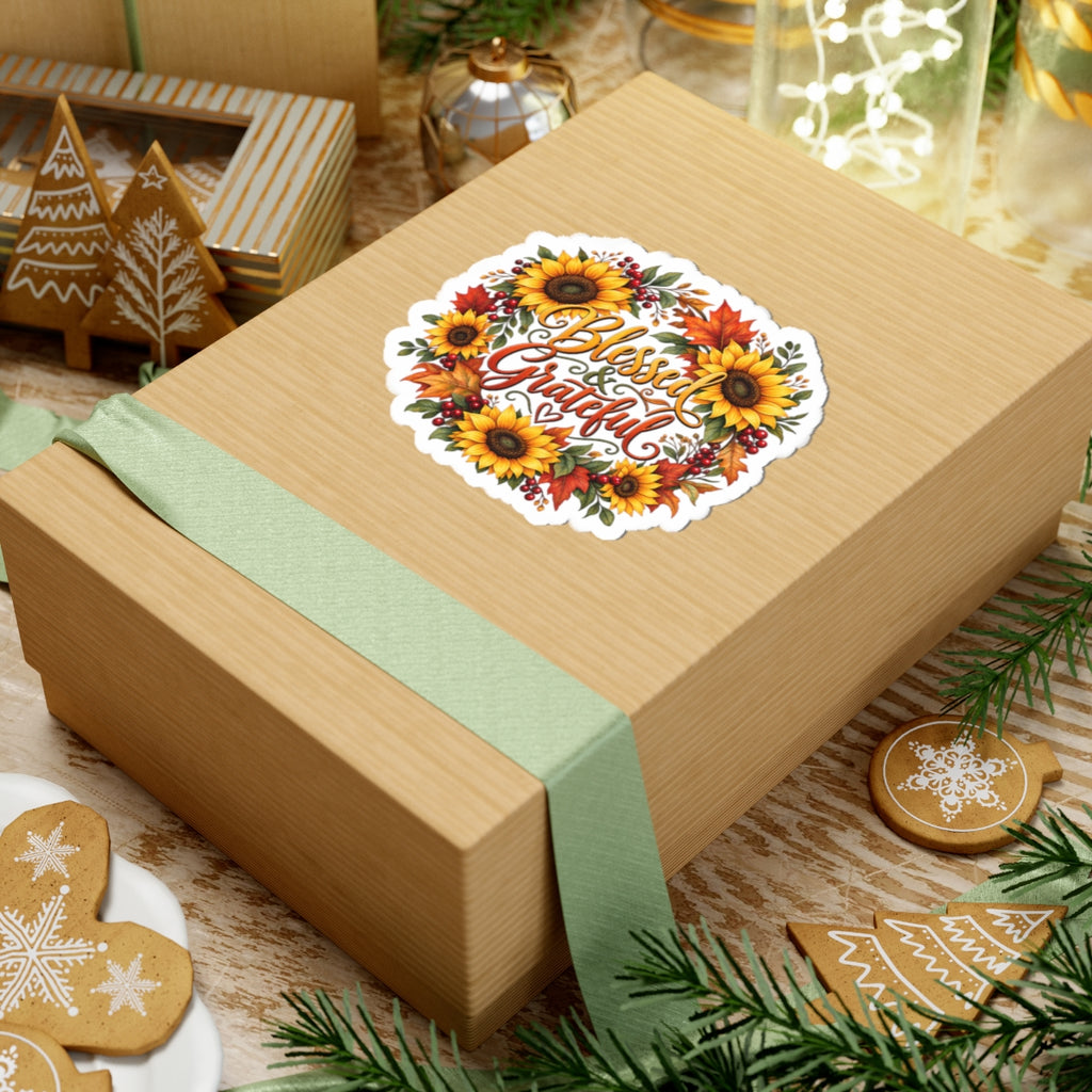Blessed & Grateful Sunflower Wreath Sticker | Fall Autumn Leaves Kiss-Cut