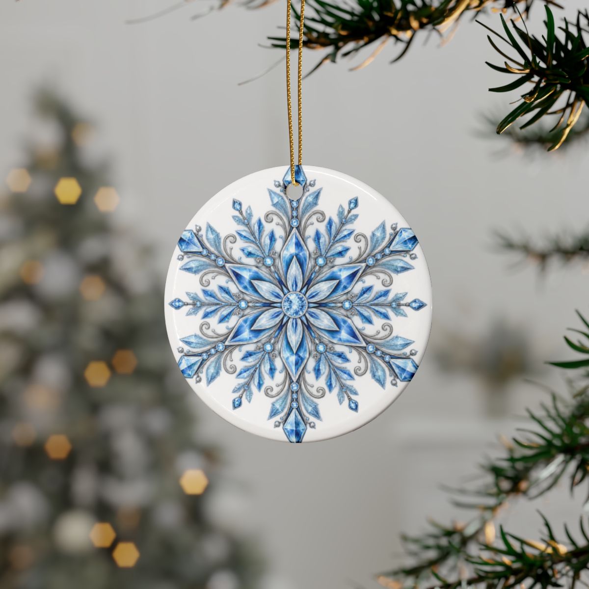 Blue Watercolor Snowflake Ceramic Ornament | Round Holiday Decoration