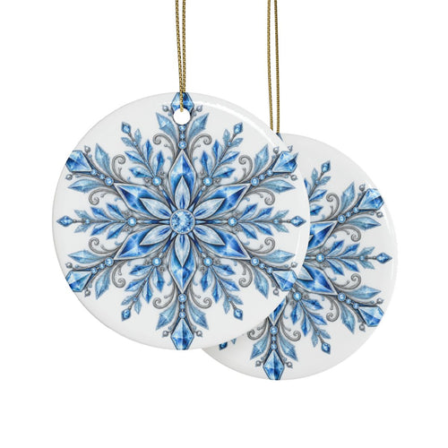 Blue Watercolor Snowflake Ceramic Ornament | Round Holiday Decoration