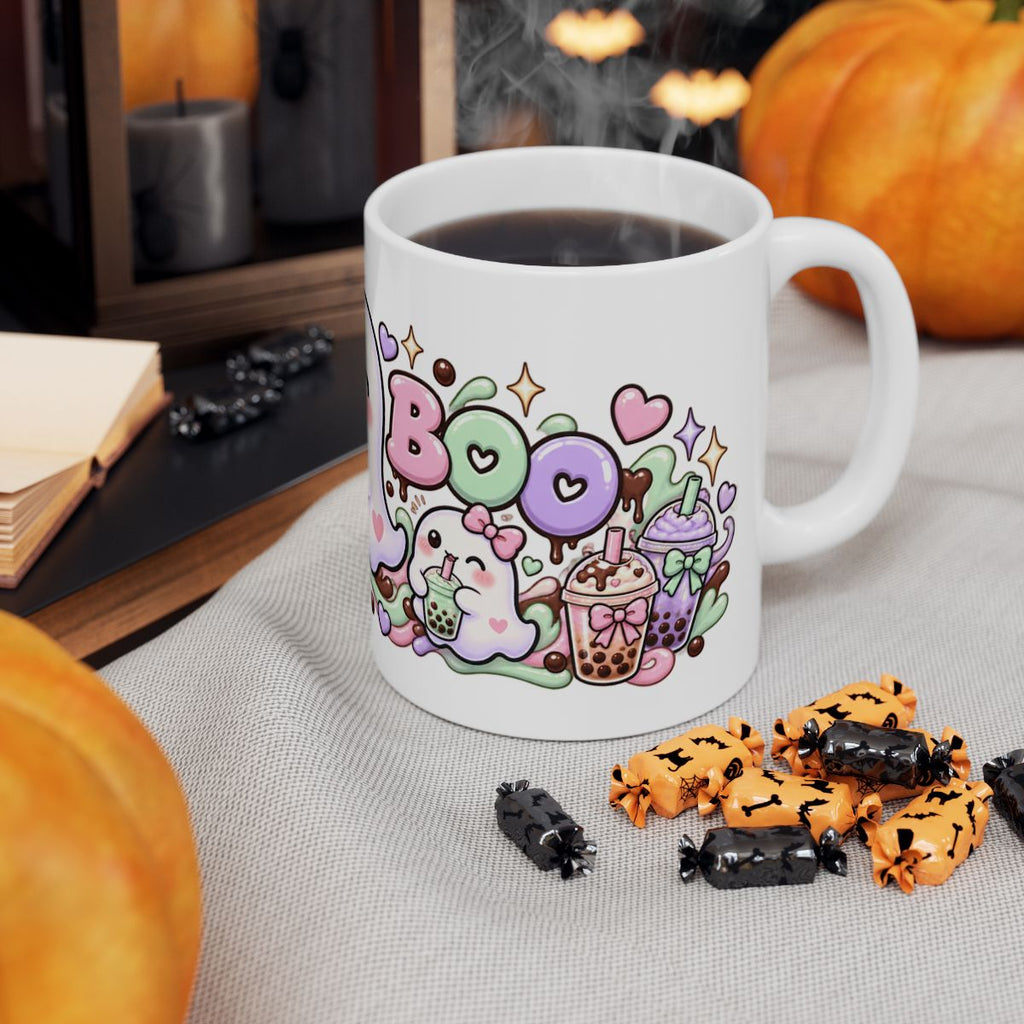 Boba Boo Cute Ghost Mug | Kawaii Bubble Tea Halloween Coffee Mug, Pastel Boba Lover Gift for Her
