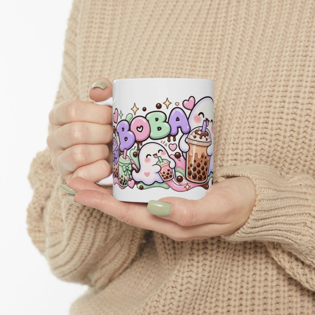 Boba Boo Cute Ghost Mug | Kawaii Bubble Tea Halloween Coffee Mug, Pastel Boba Lover Gift for Her