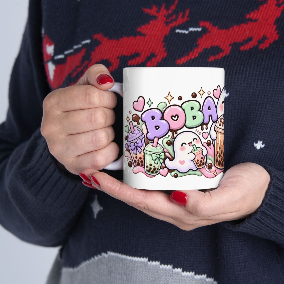 Boba Boo Cute Ghost Mug | Kawaii Bubble Tea Halloween Coffee Mug, Pastel Boba Lover Gift for Her