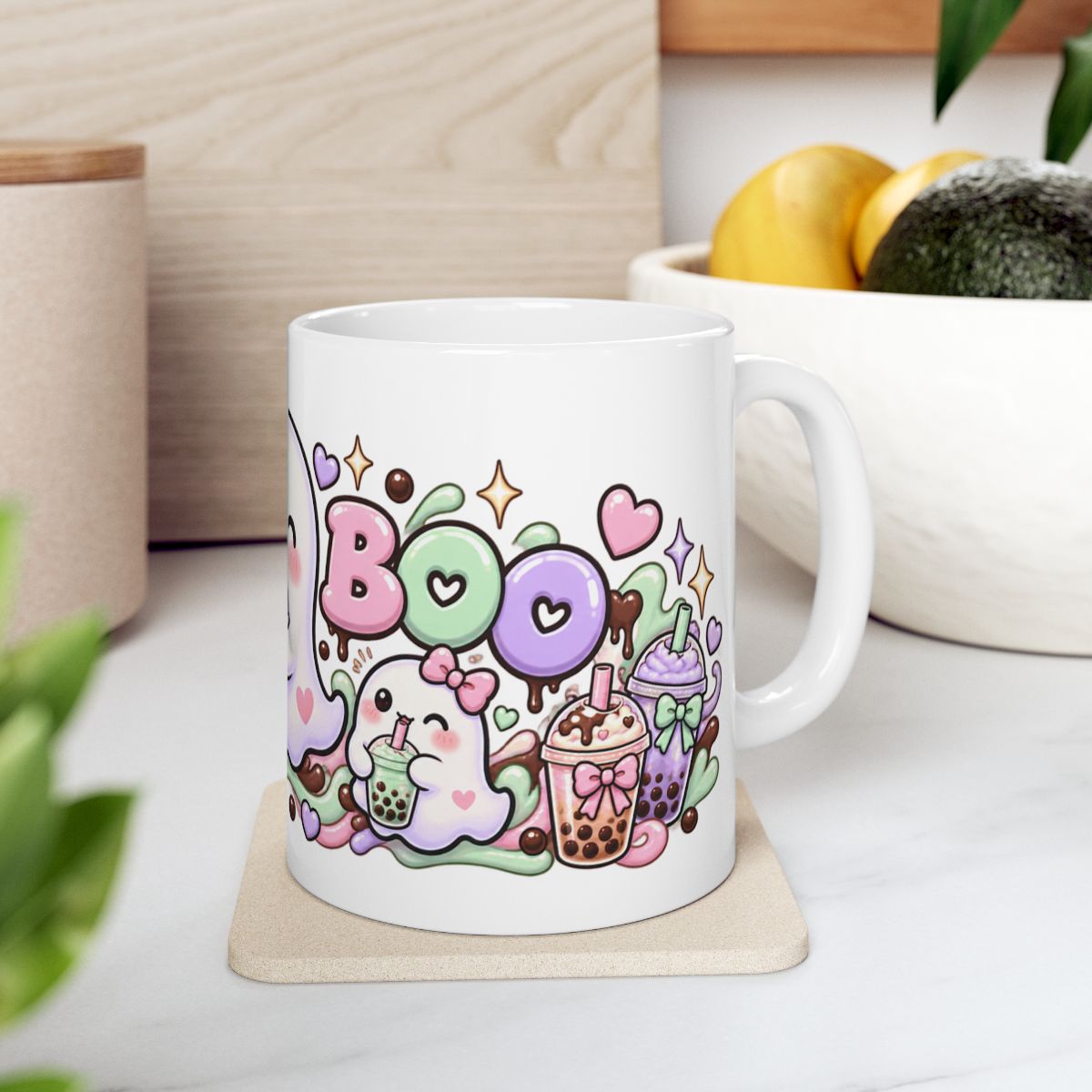 Boba Boo Cute Ghost Mug | Kawaii Bubble Tea Halloween Coffee Mug, Pastel Boba Lover Gift for Her