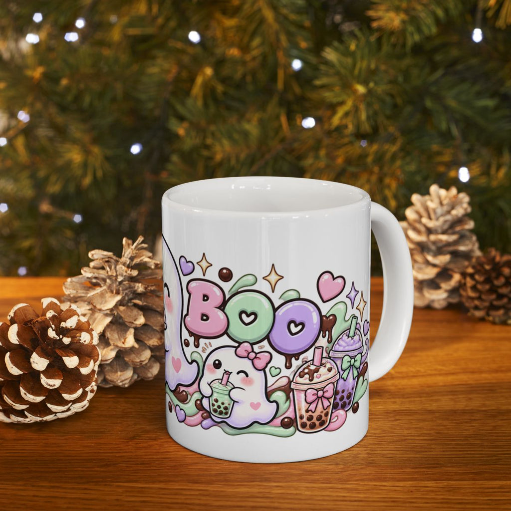 Boba Boo Cute Ghost Mug | Kawaii Bubble Tea Halloween Coffee Mug, Pastel Boba Lover Gift for Her
