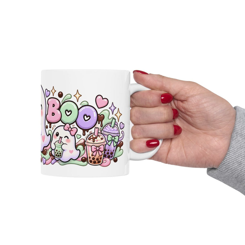 Boba Boo Cute Ghost Mug | Kawaii Bubble Tea Halloween Coffee Mug, Pastel Boba Lover Gift for Her