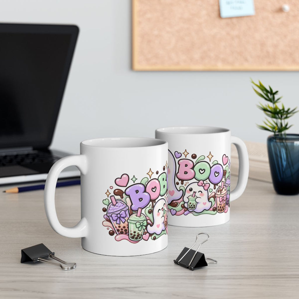 Boba Boo Cute Ghost Mug | Kawaii Bubble Tea Halloween Coffee Mug, Pastel Boba Lover Gift for Her