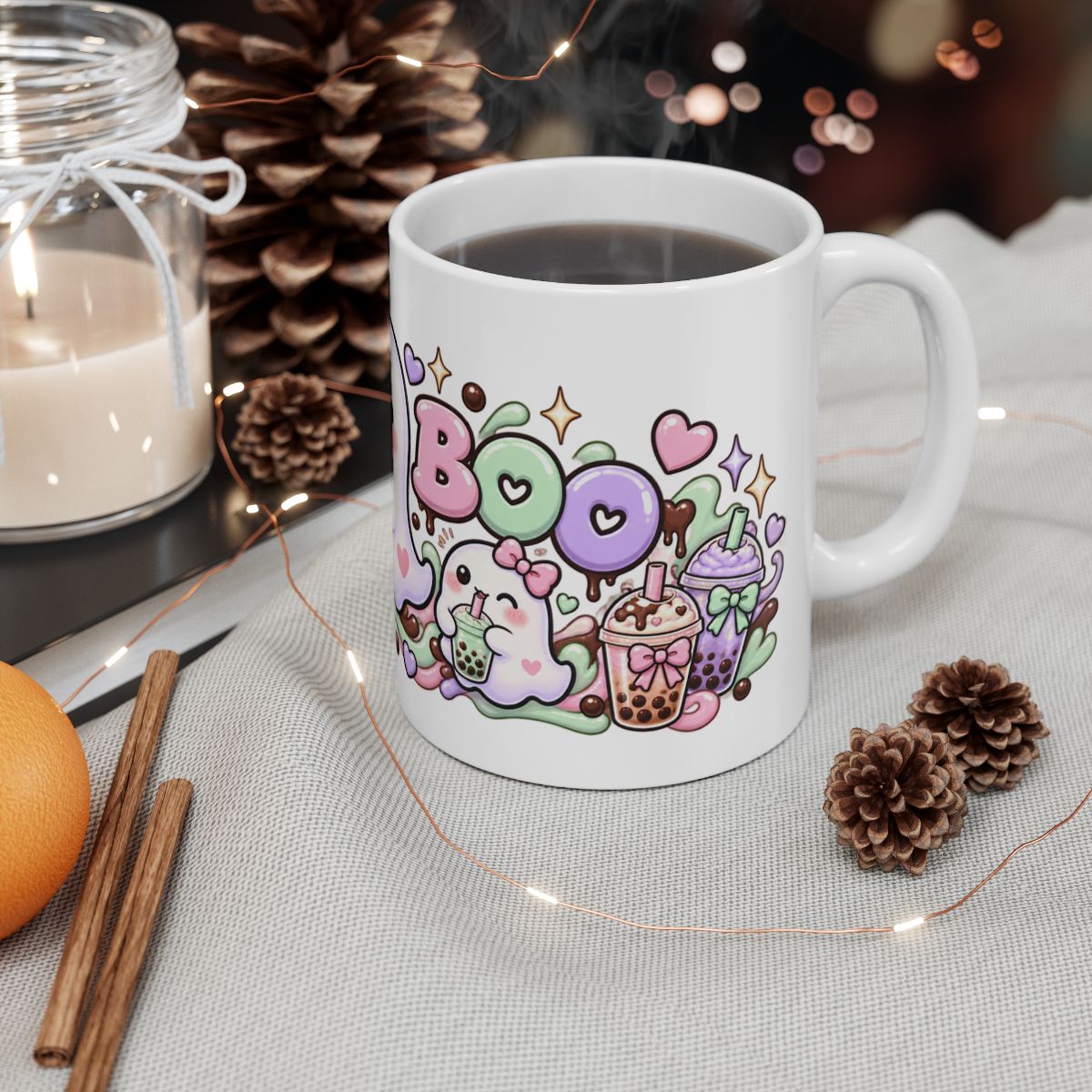 Boba Boo Cute Ghost Mug | Kawaii Bubble Tea Halloween Coffee Mug, Pastel Boba Lover Gift for Her