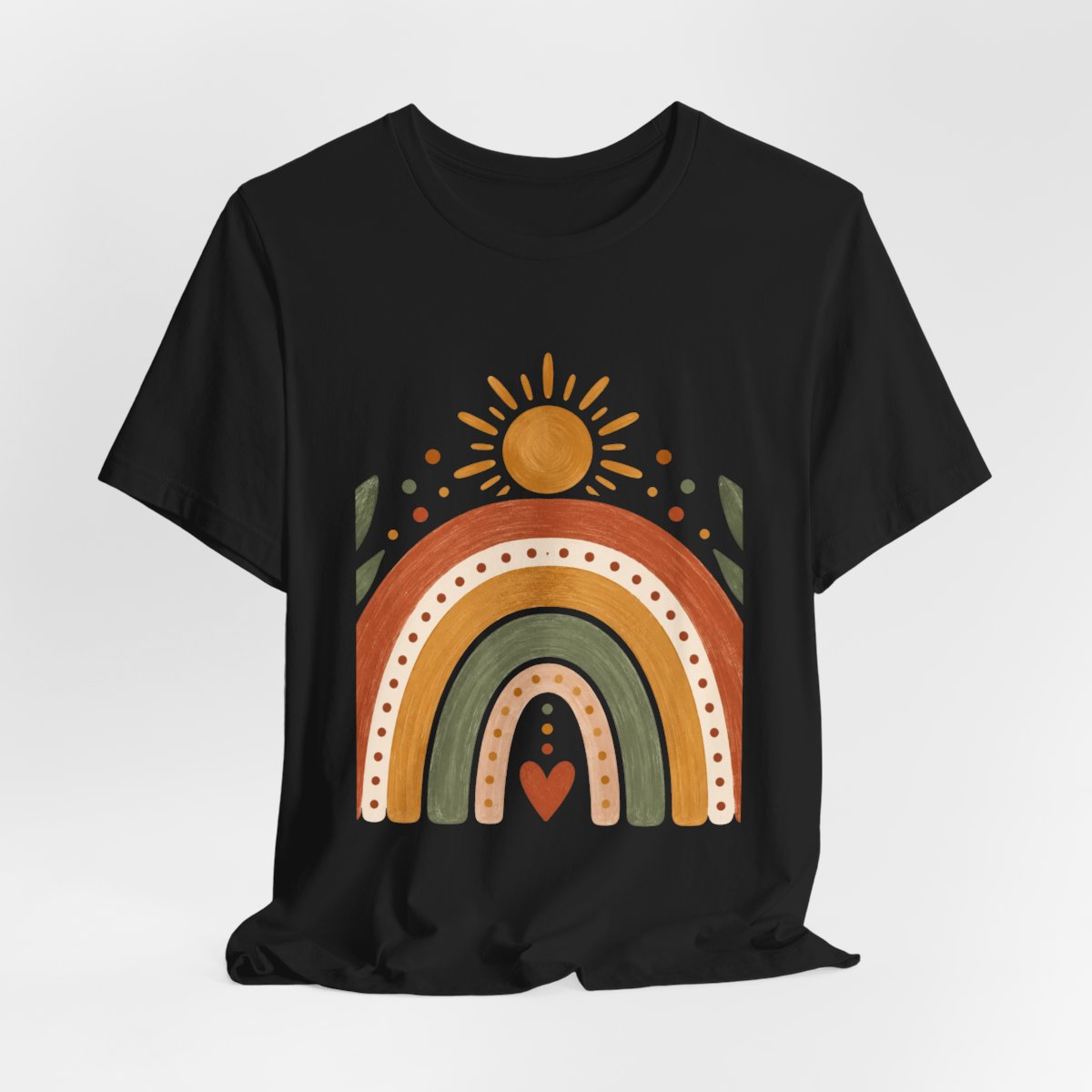 Boho Rainbow Sun T-Shirt | Earth Tone Rainbow with Heart and Sun